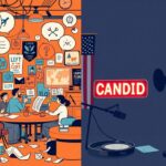 Flick International A split scene contrasting liberalism with a vibrant coffee shop and conservatism in a sleek podcast studio