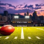Flick International Twilight view of Heinz Field stadium in Pittsburgh with a football on the field