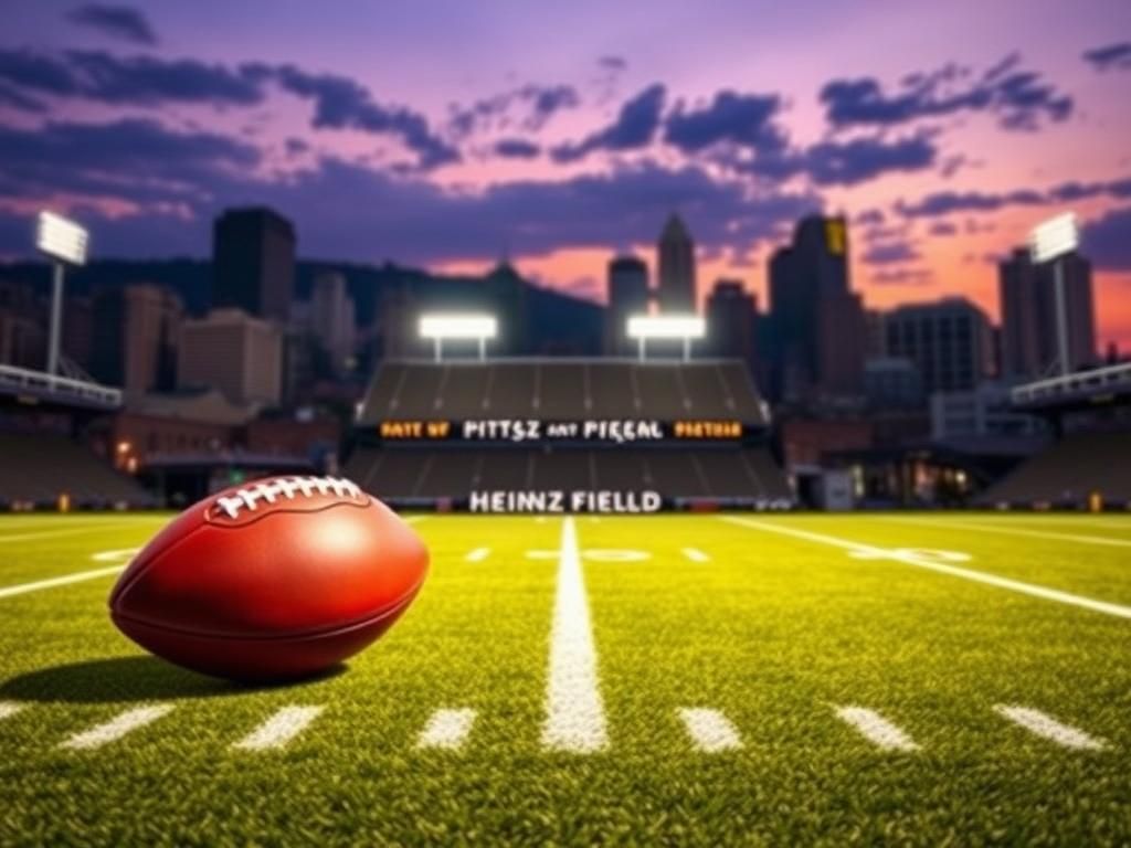 Flick International Twilight view of Heinz Field stadium in Pittsburgh with a football on the field