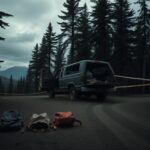 Flick International Abandoned campsite with empty children's backpacks and a worn-out truck in a dense forest