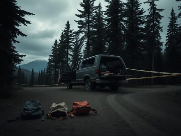 Flick International Abandoned campsite with empty children's backpacks and a worn-out truck in a dense forest