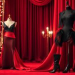 Flick International Elegant red ballgown and black satin minidress displayed on mannequins