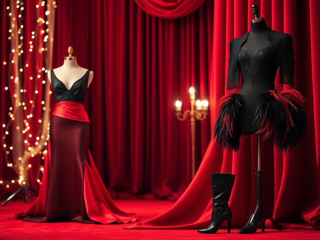 Flick International Elegant red ballgown and black satin minidress displayed on mannequins