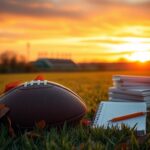 Flick International A serene sunset landscape with a football on a grassy field