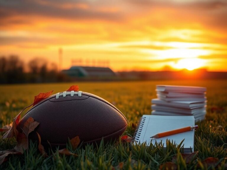 Flick International A serene sunset landscape with a football on a grassy field