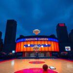 Flick International Dramatic view of Madison Square Garden at dusk with Knicks colors