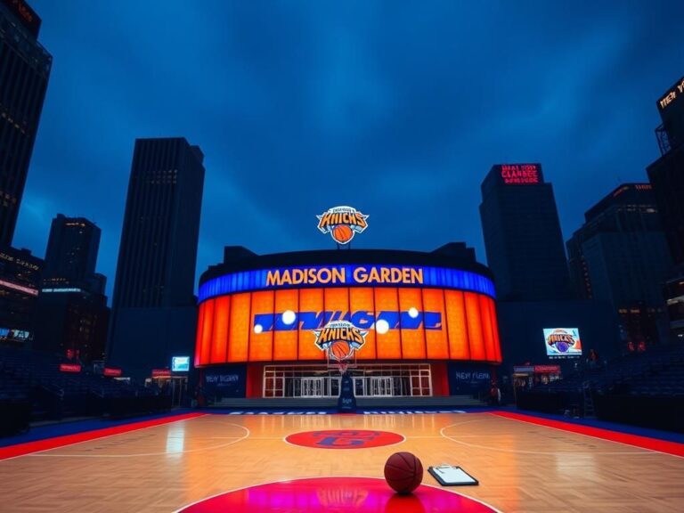 Flick International Dramatic view of Madison Square Garden at dusk with Knicks colors