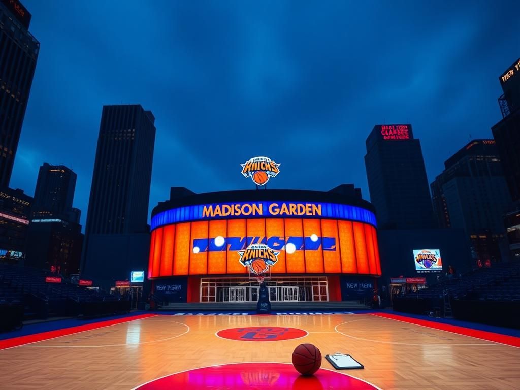 Flick International Dramatic view of Madison Square Garden at dusk with Knicks colors