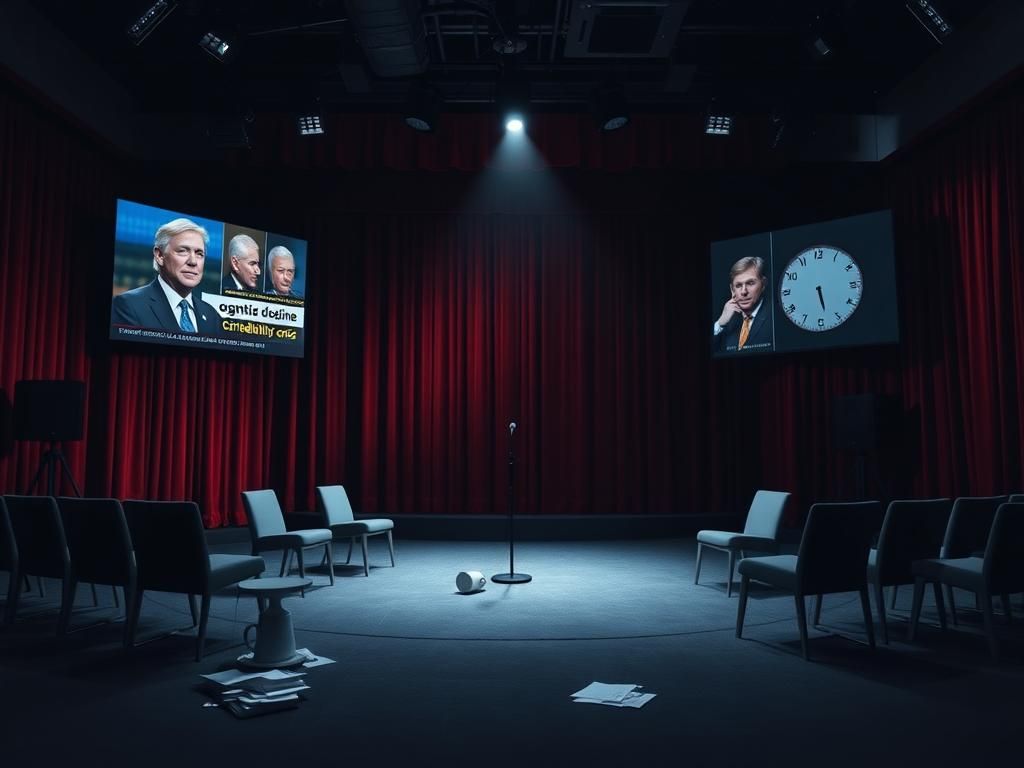 Flick International Dimly lit late-night television studio with empty chairs and a dark stage