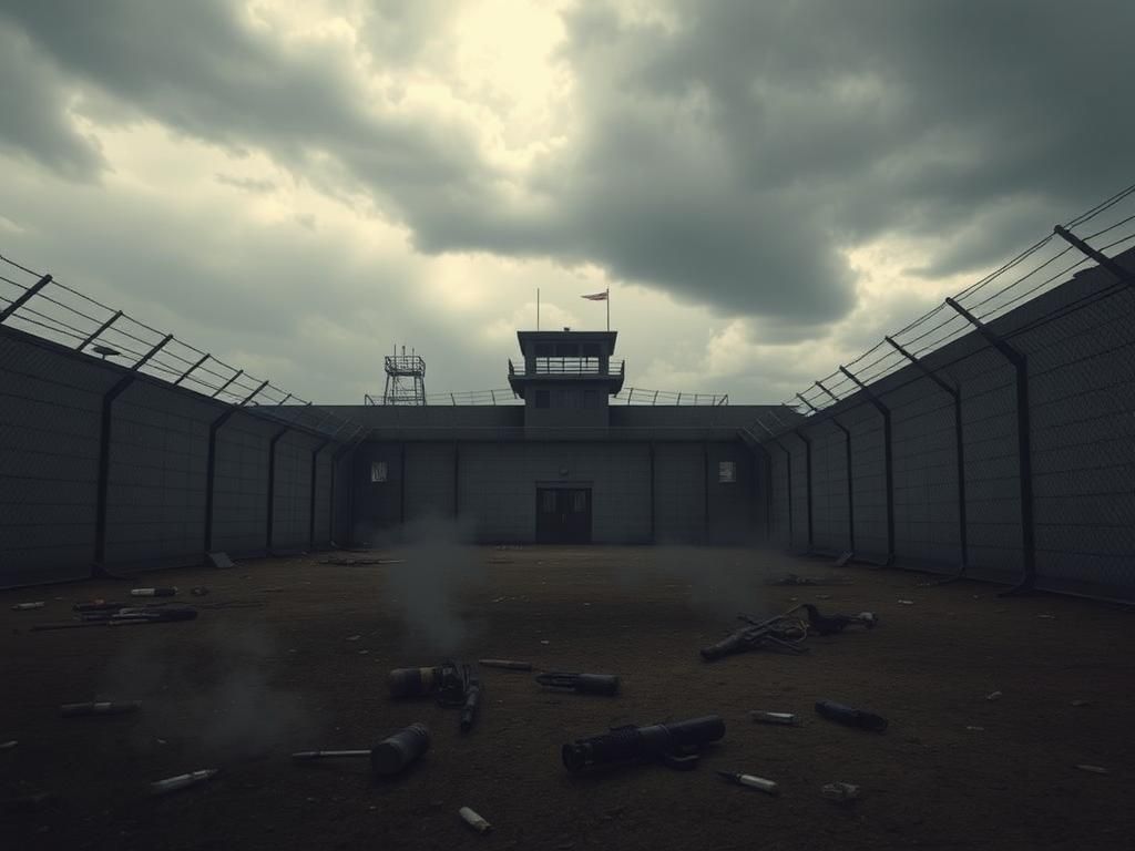 Flick International A gritty scene of a maximum-security prison yard with barbed wire and discarded items