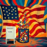 Flick International Abstract representation of the American political landscape featuring voting booths and a stylized American flag