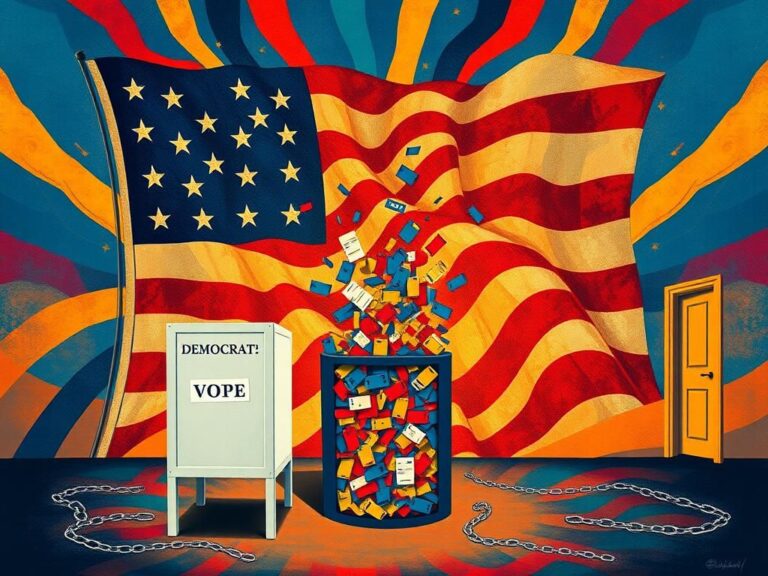 Flick International Abstract representation of the American political landscape featuring voting booths and a stylized American flag