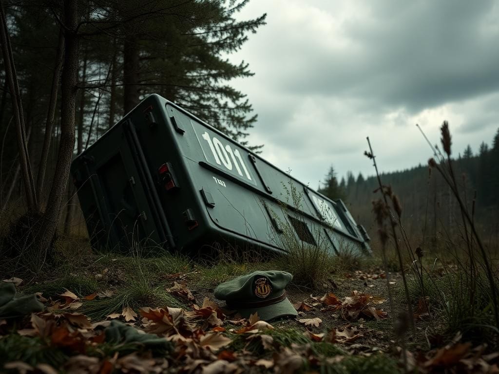 Flick International Military vehicle tipped over in a rugged wooded area of Hungary during a training exercise