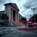 Flick International Exterior of a federal building in Los Angeles showing signs of unrest