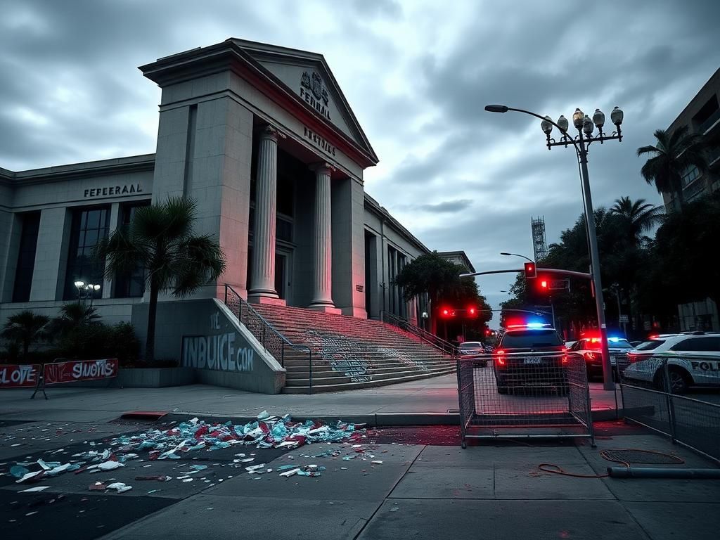 Flick International Exterior of a federal building in Los Angeles showing signs of unrest