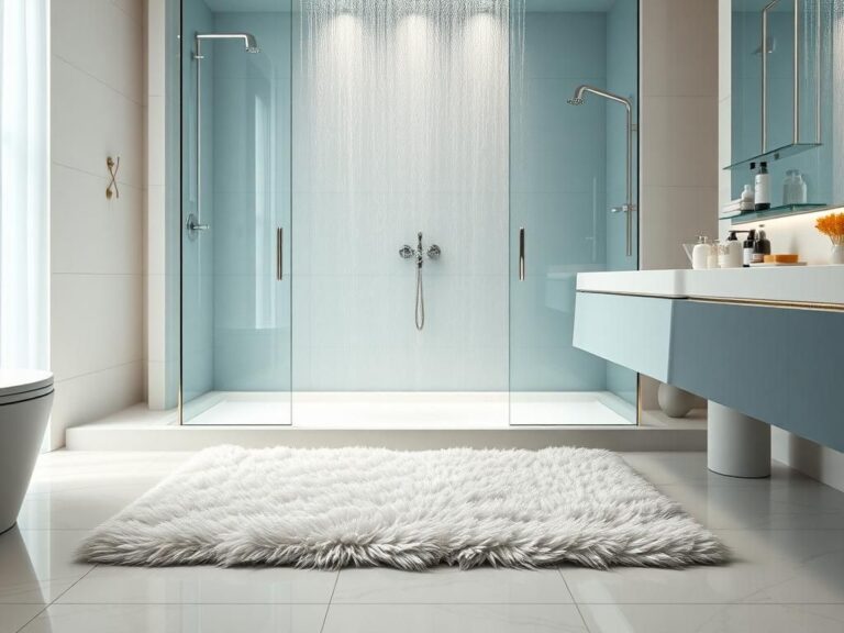 Flick International Modern hotel shower design showcasing glass walls and cascading water, emphasizing the impracticality of hotel bathroom layouts.