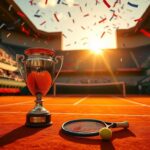 Flick International Vibrant tennis court at Roland-Garros showcasing the championship trophy and confetti after Coco Gauff's victory.