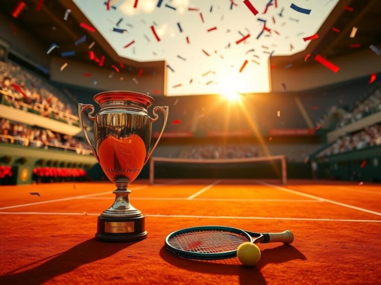 Flick International Vibrant tennis court at Roland-Garros showcasing the championship trophy and confetti after Coco Gauff's victory.