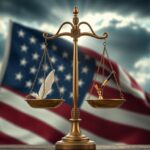 Flick International Scales of justice against the American flag, symbolizing individual rights