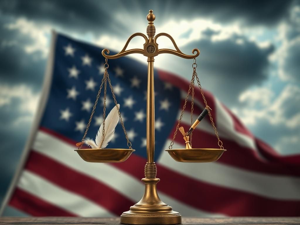 Flick International Scales of justice against the American flag, symbolizing individual rights