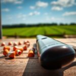 Flick International Close-up view of a shotgun on a wooden table with clay pigeons scattered in the foreground