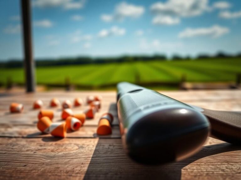 Flick International Close-up view of a shotgun on a wooden table with clay pigeons scattered in the foreground