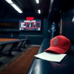 Flick International A baseball dugout with an empty bench showing a Red Sox cap and an unused bat, symbolizing the team's struggle.