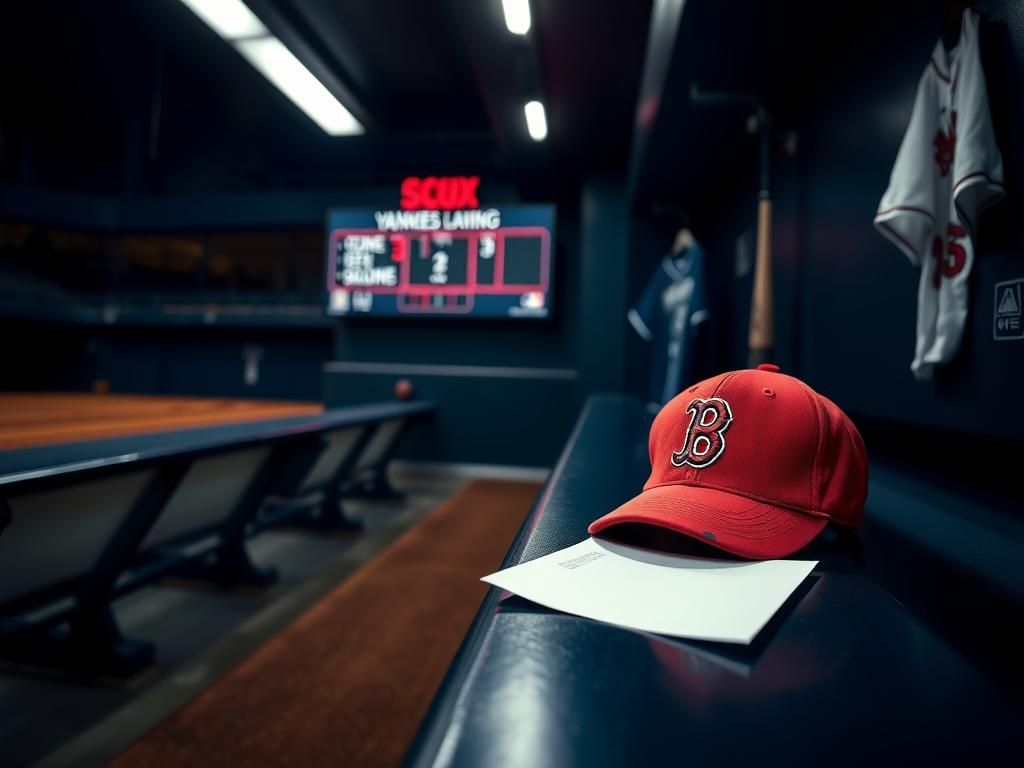 Flick International A baseball dugout with an empty bench showing a Red Sox cap and an unused bat, symbolizing the team's struggle.