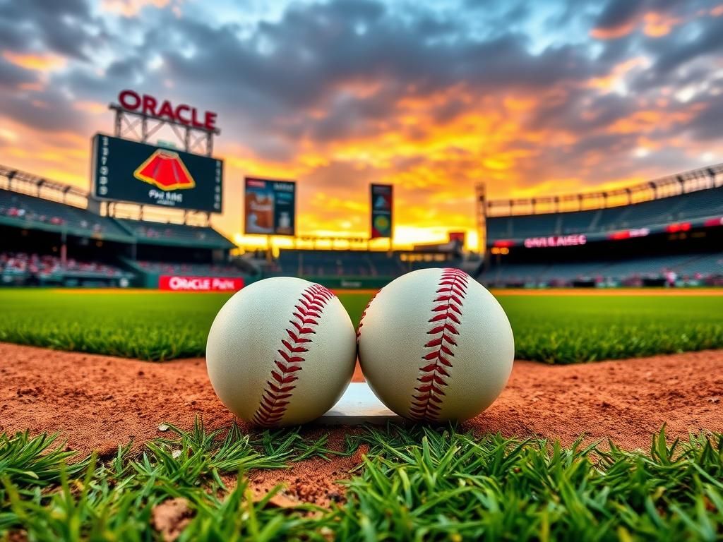 Flick International Close-up of home plate with two baseballs on the grass during Braves-Giants game