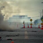 Flick International Gritty urban landscape from anti-ICE protests in Los Angeles County, showing chaotic scene with smoke and debris