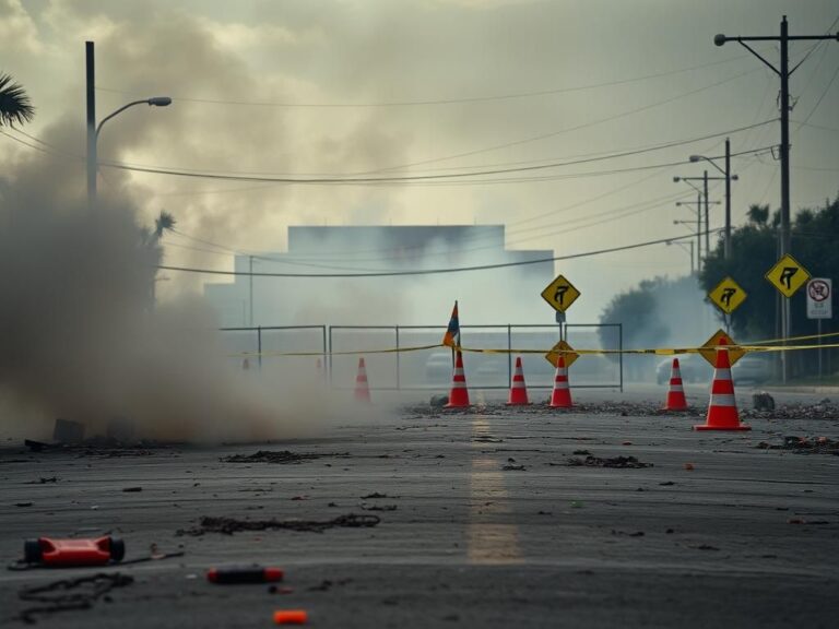 Flick International Gritty urban landscape from anti-ICE protests in Los Angeles County, showing chaotic scene with smoke and debris