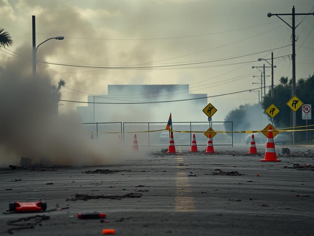 Flick International Gritty urban landscape from anti-ICE protests in Los Angeles County, showing chaotic scene with smoke and debris