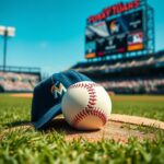 Flick International Close-up of a baseball lying at the pitcher's mound with a dark blue cap nearby