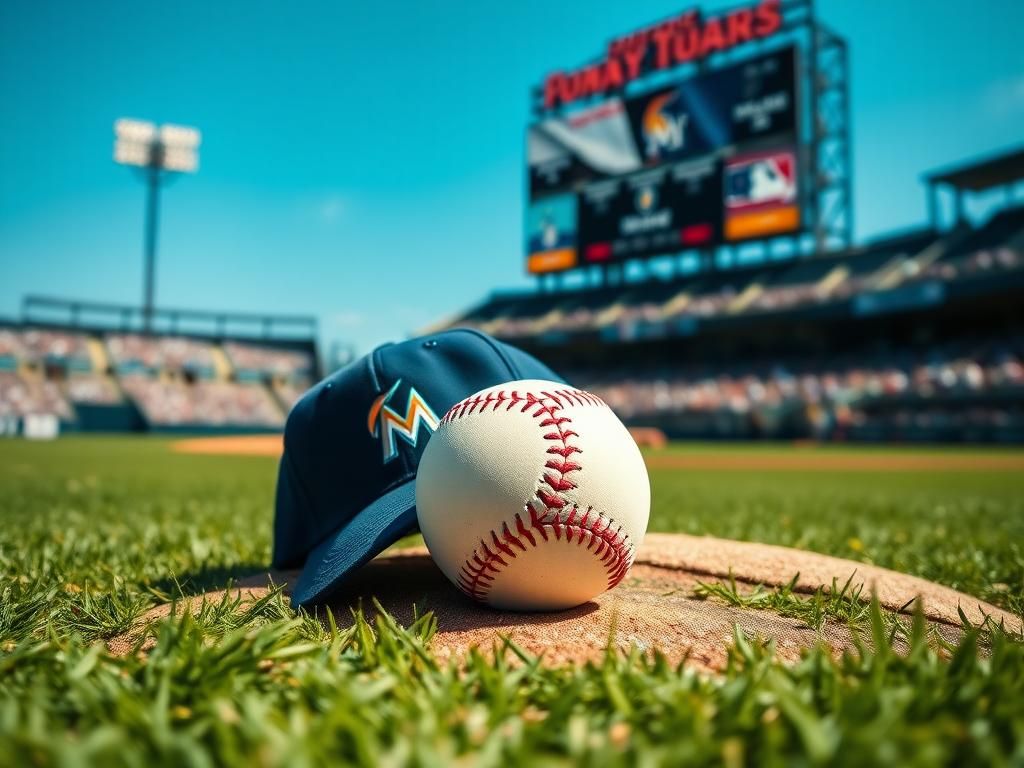 Flick International Close-up of a baseball lying at the pitcher's mound with a dark blue cap nearby