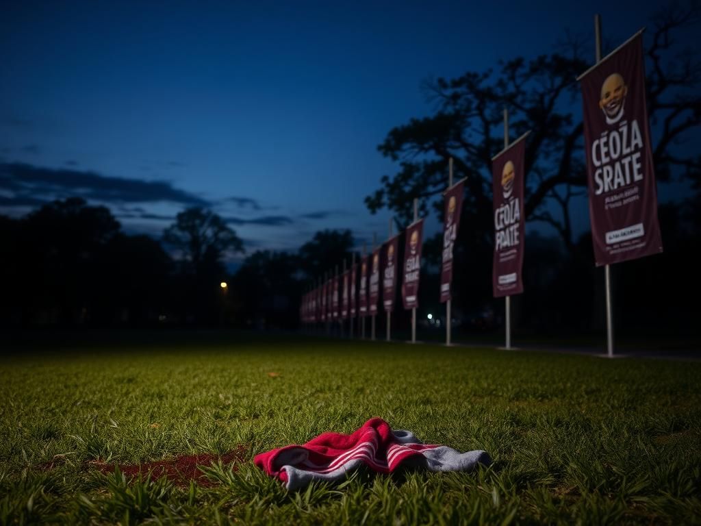 Flick International Dark and atmospheric view of a deserted public park in Bogotá, Colombia, during twilight, with a bloodstained piece of clothing on the ground