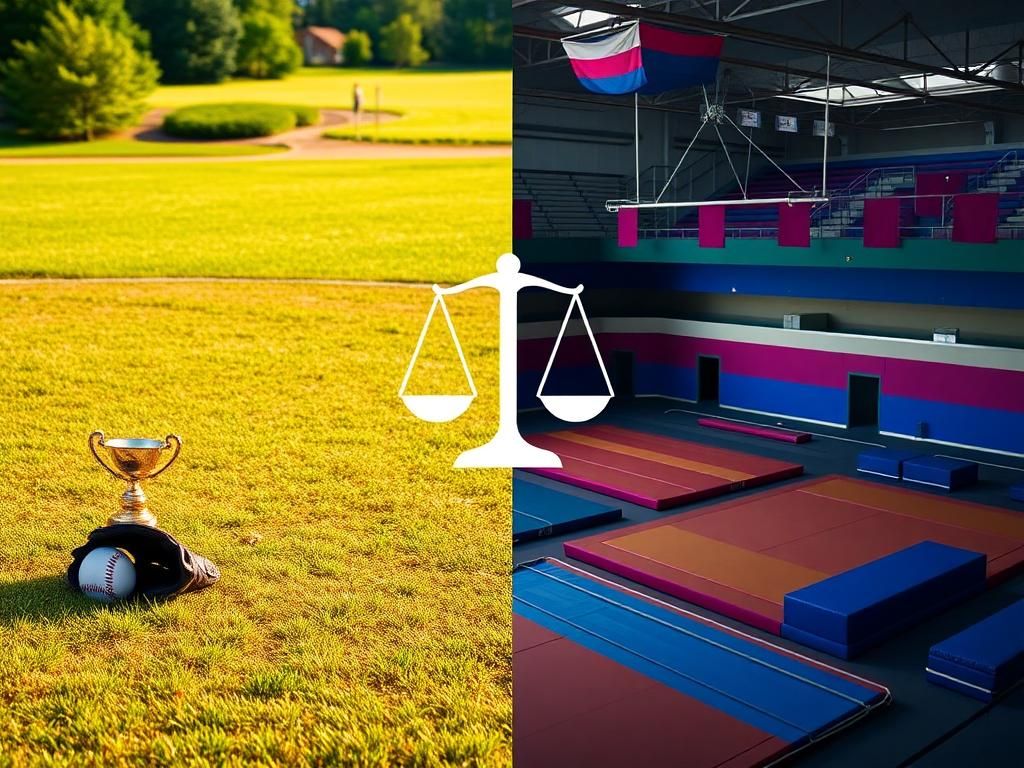 Flick International Split scene of a high school softball field and a competitive gymnastics arena highlighting the debate over transgender athletes in women's sports