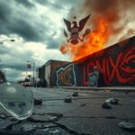 Flick International A cracked street in Los Angeles littered with rocks and debris during anti-ICE riots