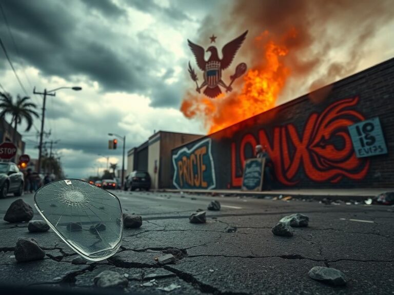 Flick International A cracked street in Los Angeles littered with rocks and debris during anti-ICE riots
