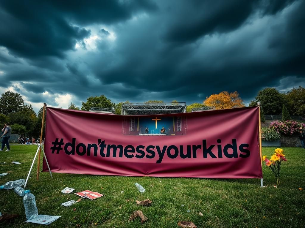 Flick International Empty public park banner displaying '#dontmesswithourkids' with discarded debris around