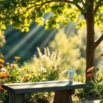 Flick International A serene garden scene with a weathered bench and vibrant flowers symbolizing the beauty of aging