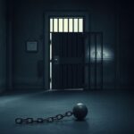 Flick International Dimly lit California prison cell with a heavy steel door ajar and an abandoned iron ball and chain.