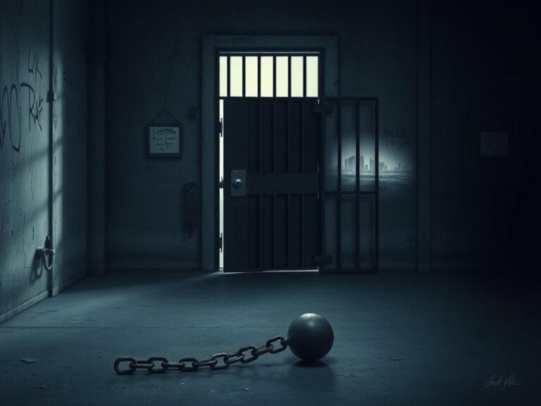Flick International Dimly lit California prison cell with a heavy steel door ajar and an abandoned iron ball and chain.