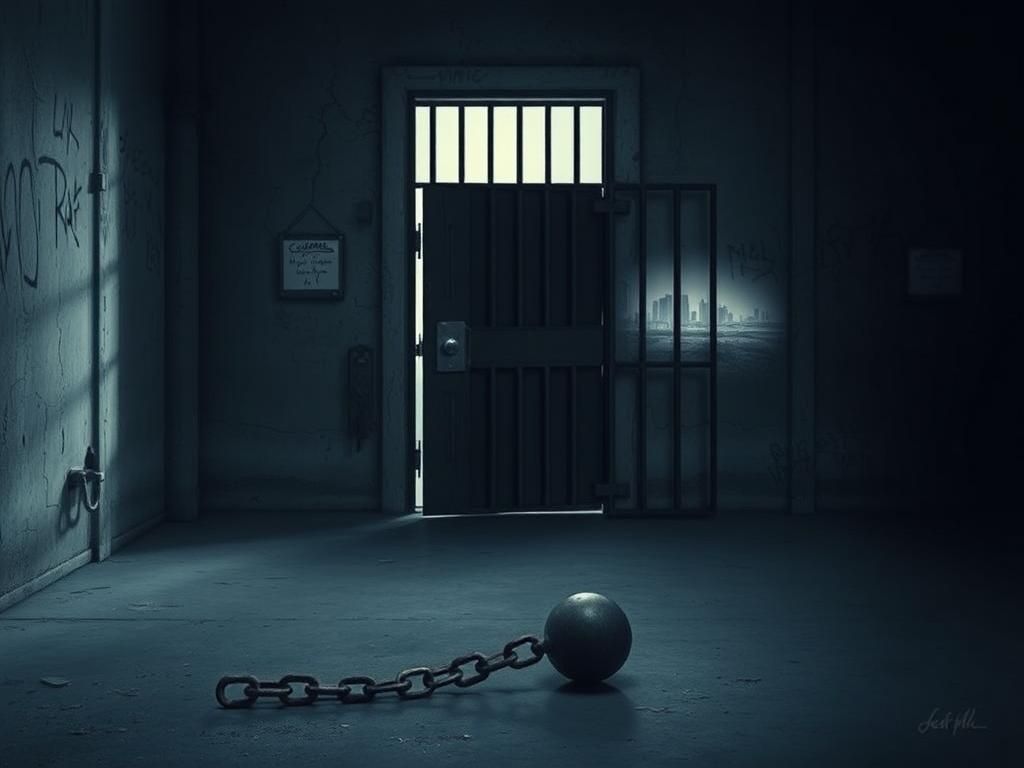 Flick International Dimly lit California prison cell with a heavy steel door ajar and an abandoned iron ball and chain.