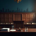 Flick International Elegant courtroom scene with a wooden witness stand, legal documents, and a gavel symbolizing the gravity of Diddy's federal trial
