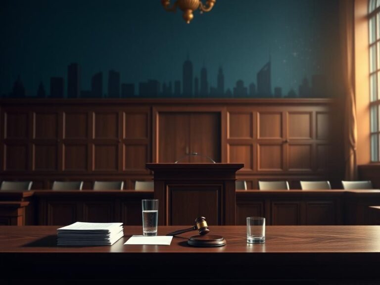 Flick International Elegant courtroom scene with a wooden witness stand, legal documents, and a gavel symbolizing the gravity of Diddy's federal trial