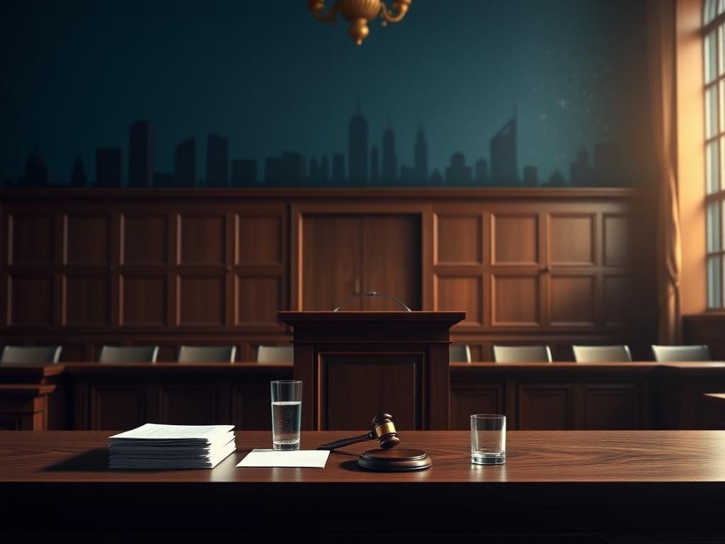 Flick International Elegant courtroom scene with a wooden witness stand, legal documents, and a gavel symbolizing the gravity of Diddy's federal trial