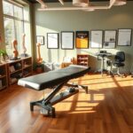 Flick International Interior view of a chiropractic clinic featuring an adjustable table and anatomical models