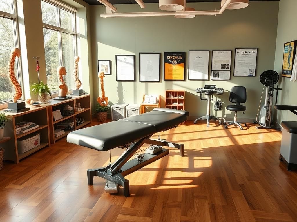 Flick International Interior view of a chiropractic clinic featuring an adjustable table and anatomical models