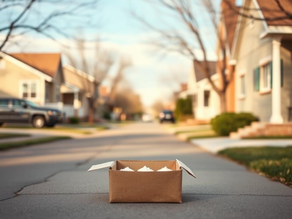 Flick International Neighborhood scene in Colorado Springs with houses displaying mezuzahs and a partially opened box of cupcakes