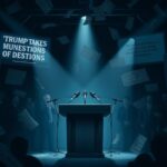 Flick International A tense and dramatic scene of an empty press podium surrounded by a chaotic newsroom environment